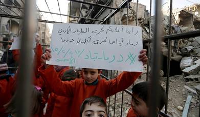 Syrian children protest Assad airstrikes in 